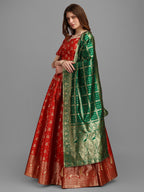Lorenvalley Fashion Red Brocade Fabric Lehenga & Unstitched Blouse With Dupatta