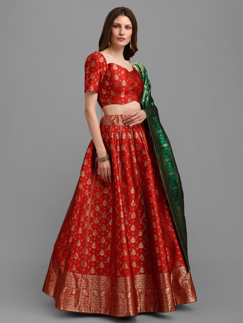 Lorenvalley Fashion Red Brocade Fabric Lehenga & Unstitched Blouse With Dupatta