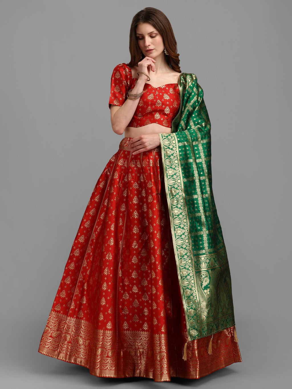 Lorenvalley Fashion Red Brocade Fabric Lehenga & Unstitched Blouse With Dupatta