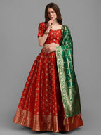 Lorenvalley Fashion Red Brocade Fabric Lehenga & Unstitched Blouse With Dupatta
