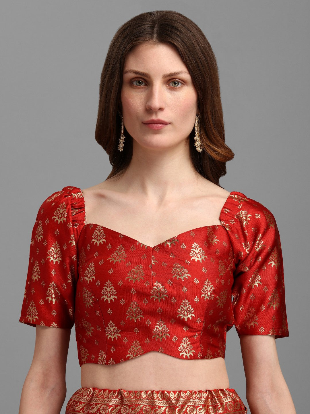 Lorenvalley Fashion Red Brocade Fabric Lehenga & Unstitched Blouse With Dupatta