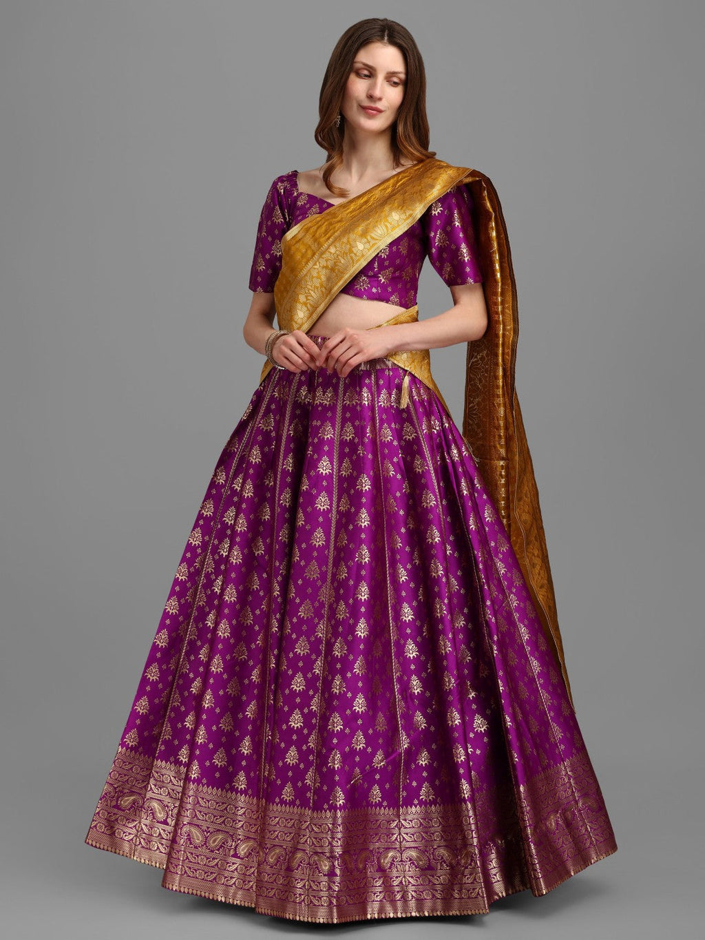 Lorenvalley Fashion Purple Brocade Fabric Lehenga & Unstitched Blouse With Dupatta