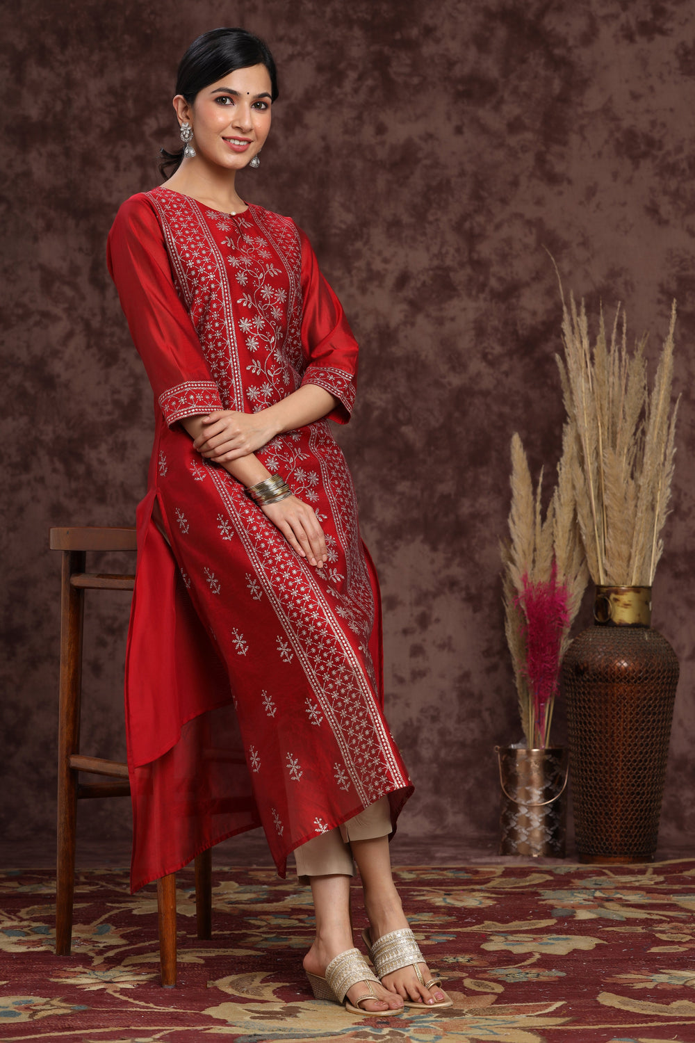 Juniper Women's Maroon Modal Chanderi Printed Straight Kurta - Distacart