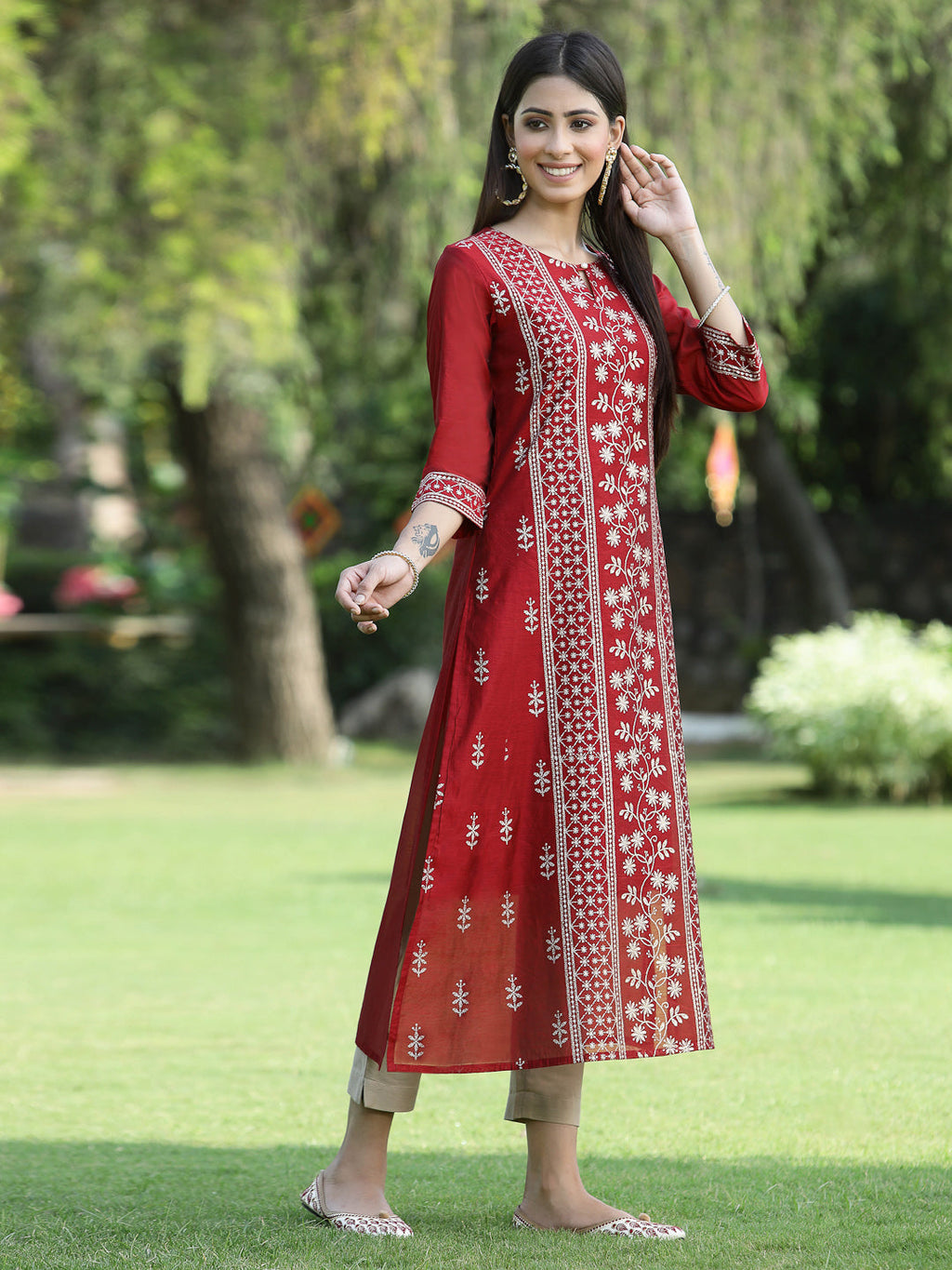 Juniper Womens Maroon Modal Chanderi Foil Printed Straight Kurta - Distacart