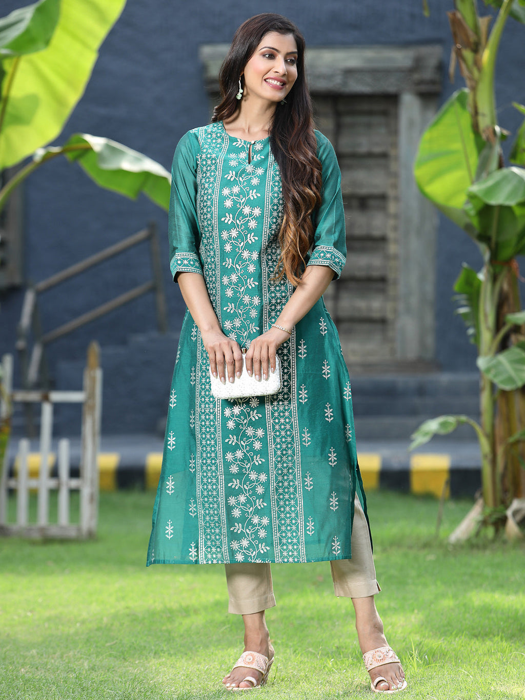 Juniper Womens Ramagreen Modal Chanderi Foil Printed Straight Kurta - Distacart