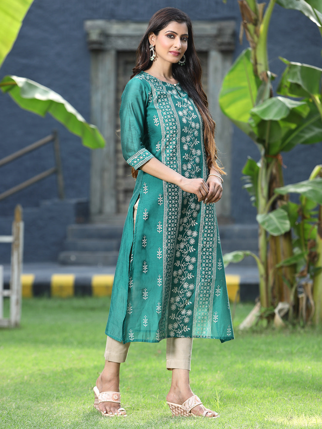 Juniper Womens Ramagreen Modal Chanderi Foil Printed Straight Kurta - Distacart