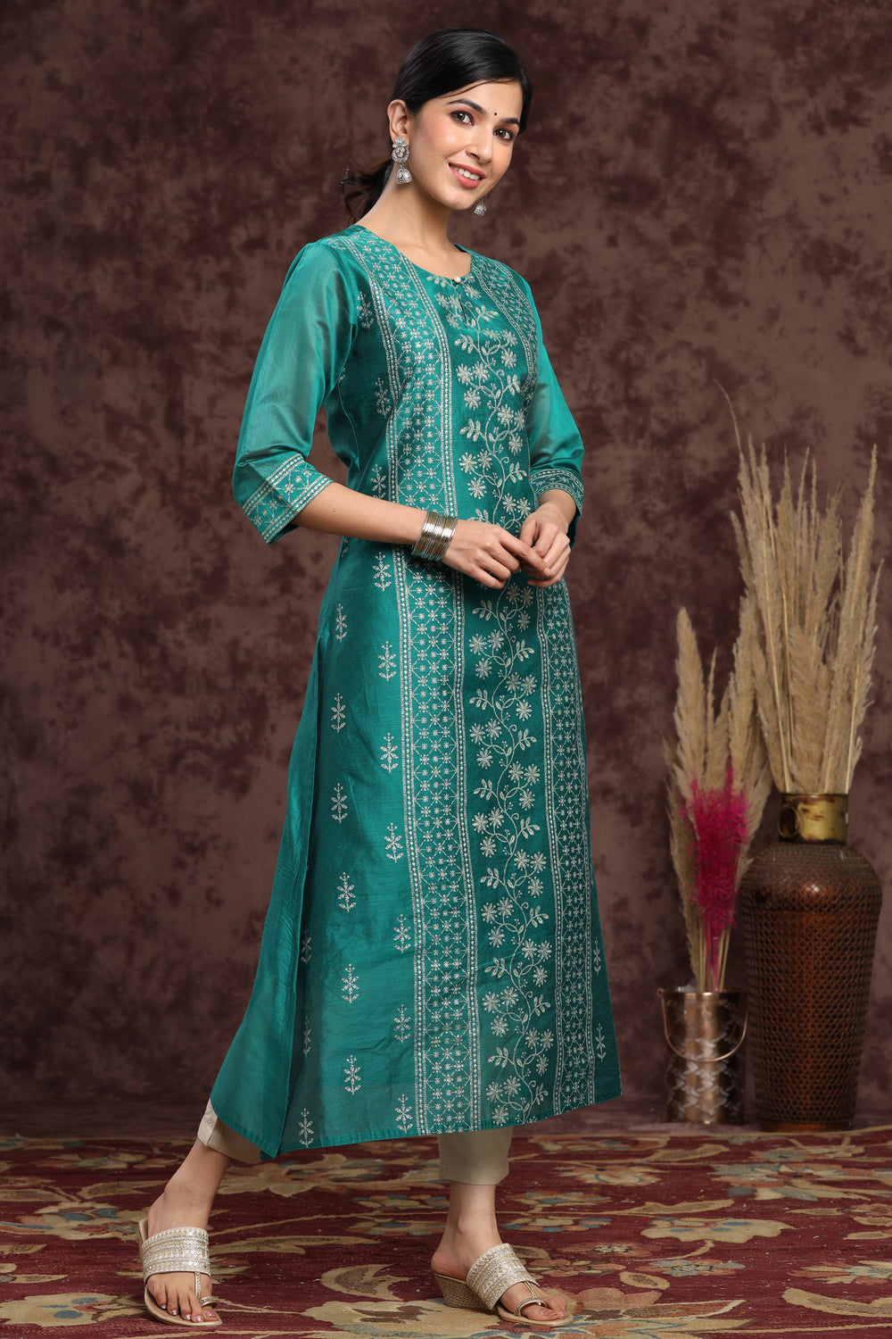 Juniper Women's Ramagreen Modal Chanderi Printed Straight Kurta - Distacart