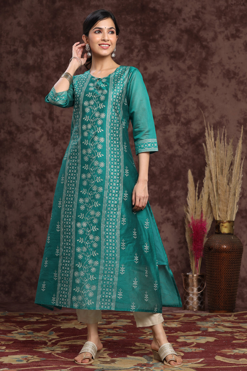 Juniper Women's Ramagreen Modal Chanderi Printed Straight Kurta - Distacart