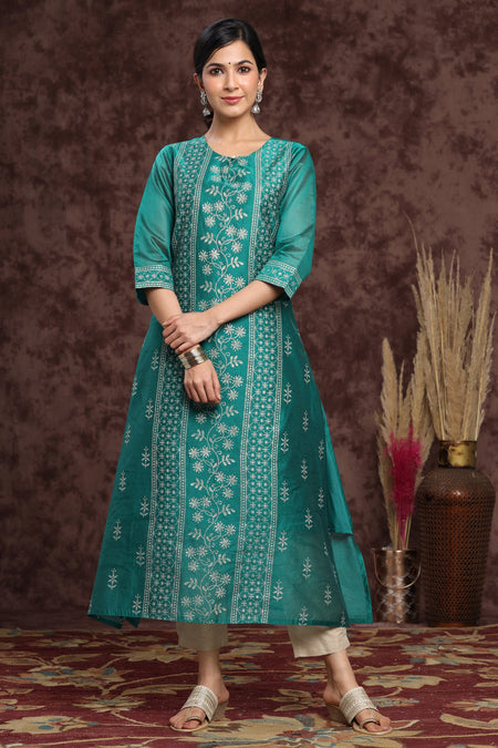 Juniper Women's Ramagreen Modal Chanderi Printed Straight Kurta