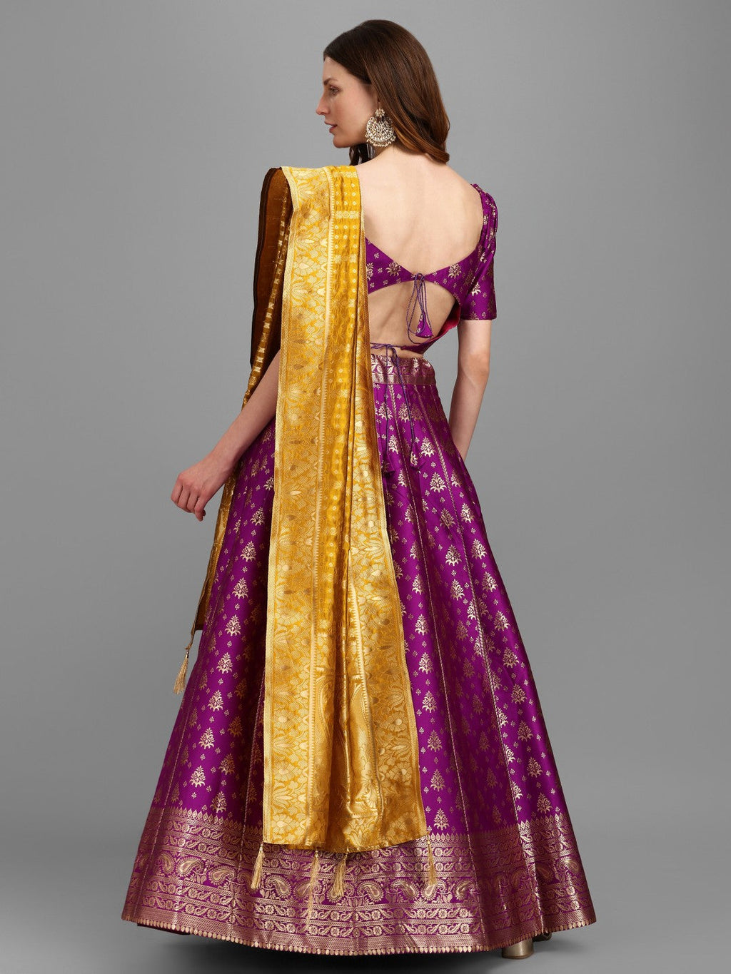 Lorenvalley Fashion Purple Brocade Fabric Lehenga & Unstitched Blouse With Dupatta