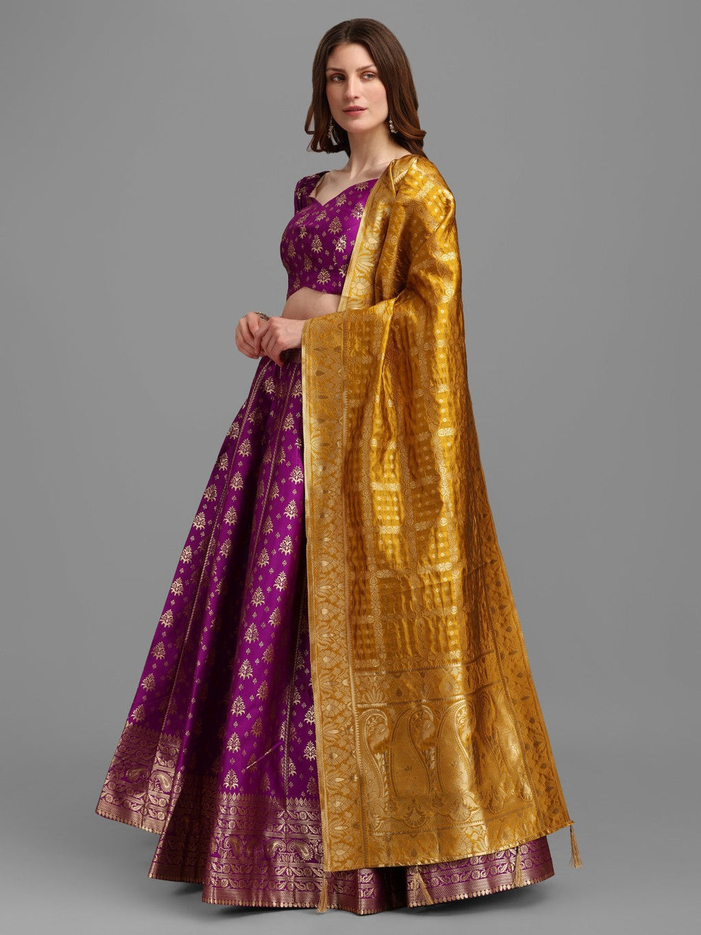 Lorenvalley Fashion Purple Brocade Fabric Lehenga & Unstitched Blouse With Dupatta