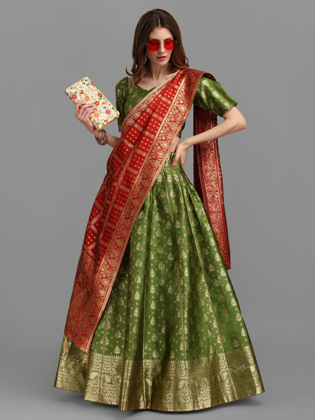 Lorenvalley Fashion Mahendi Brocade Fabric Lehenga & Unstitched Blouse With Dupatta