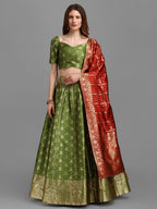 Lorenvalley Fashion Mahendi Brocade Fabric Lehenga & Unstitched Blouse With Dupatta