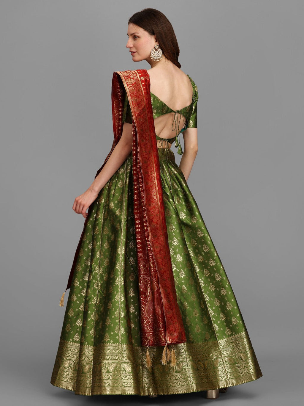 Lorenvalley Fashion Mahendi Brocade Fabric Lehenga & Unstitched Blouse With Dupatta
