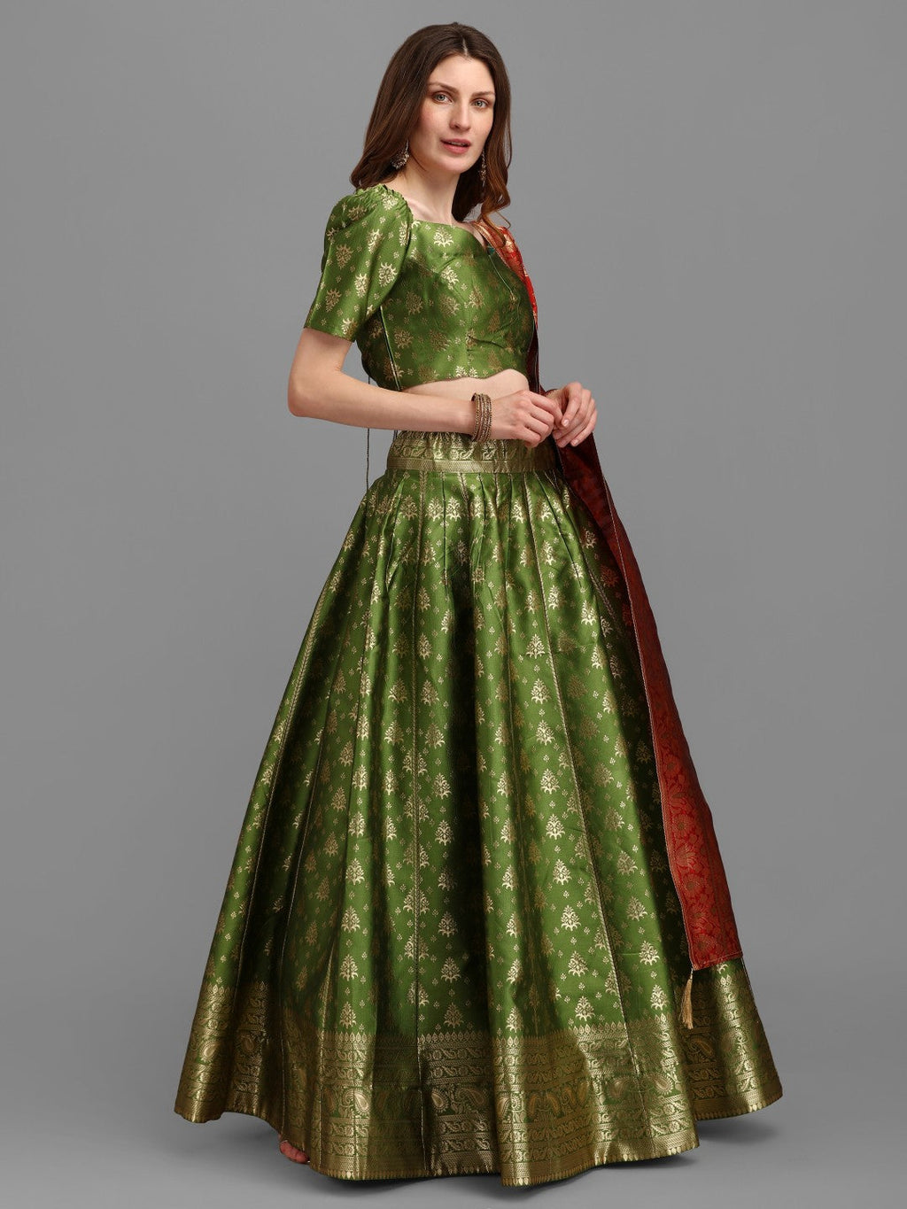 Lorenvalley Fashion Mahendi Brocade Fabric Lehenga & Unstitched Blouse With Dupatta