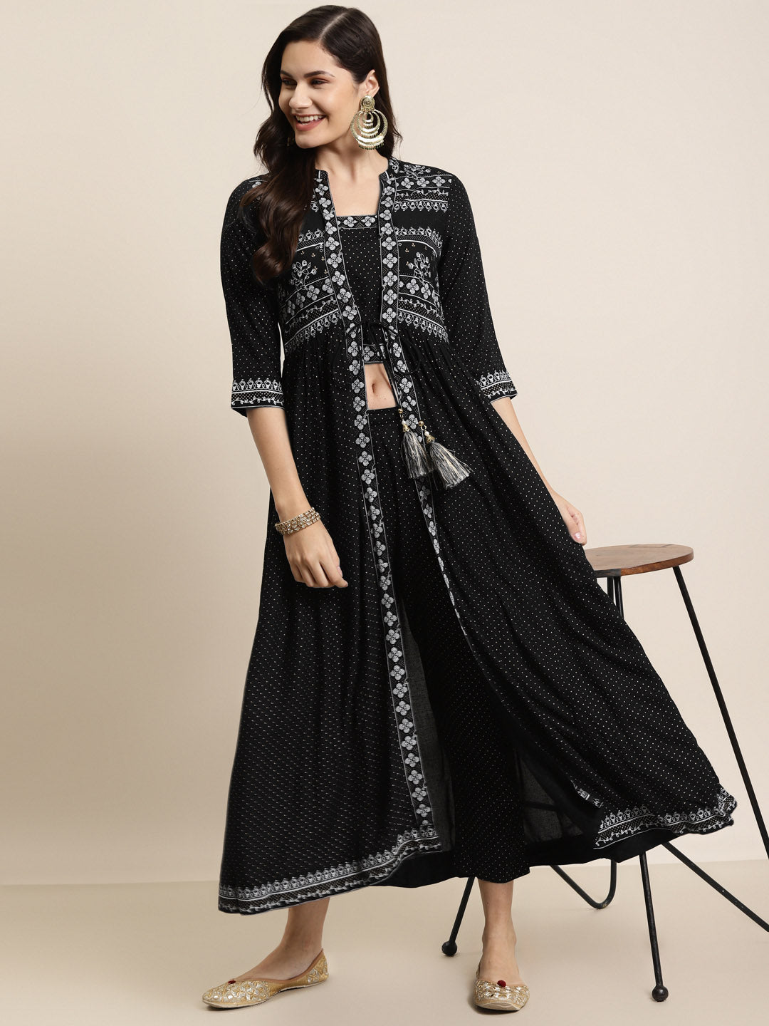 Juniper Women Black Rayon Printed Jacket Style Kurta Sets - Distacart