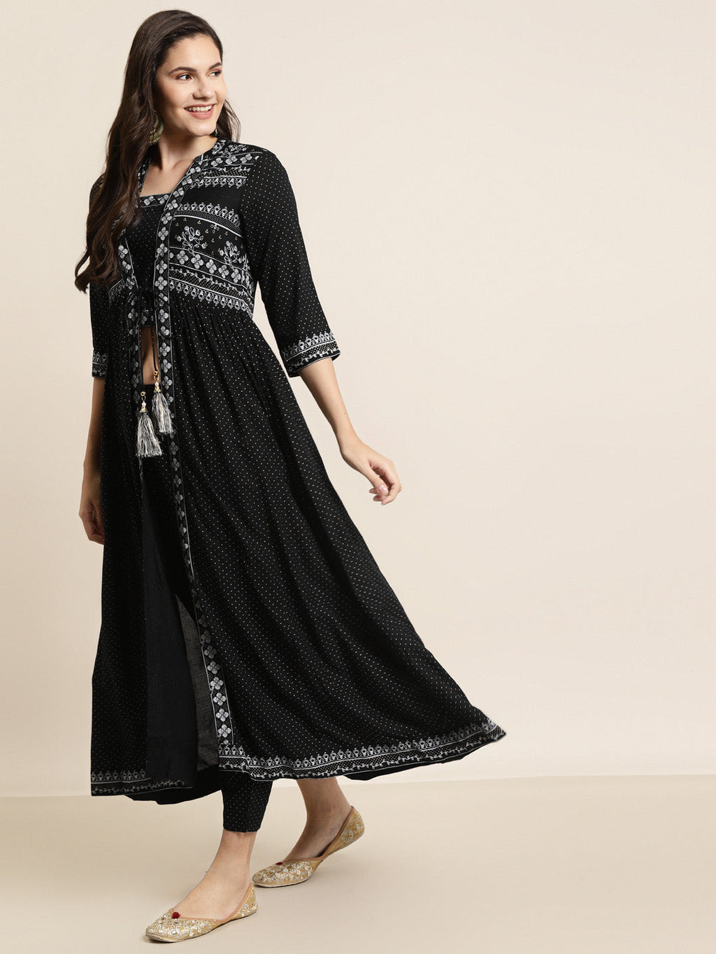 Juniper Women Black Rayon Printed Jacket Style Kurta Sets - Distacart