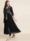 Juniper Women Black Rayon Printed Jacket Style Kurta Sets - Distacart
