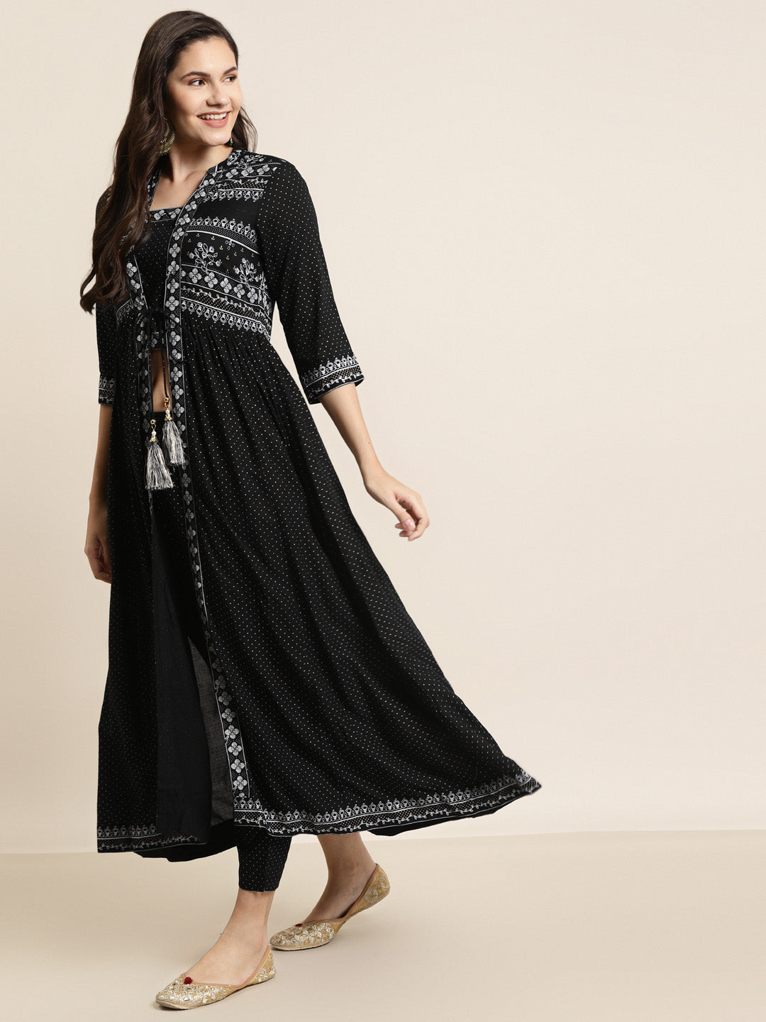 Juniper Women Black Rayon Printed Jacket Style Kurta Sets - Distacart