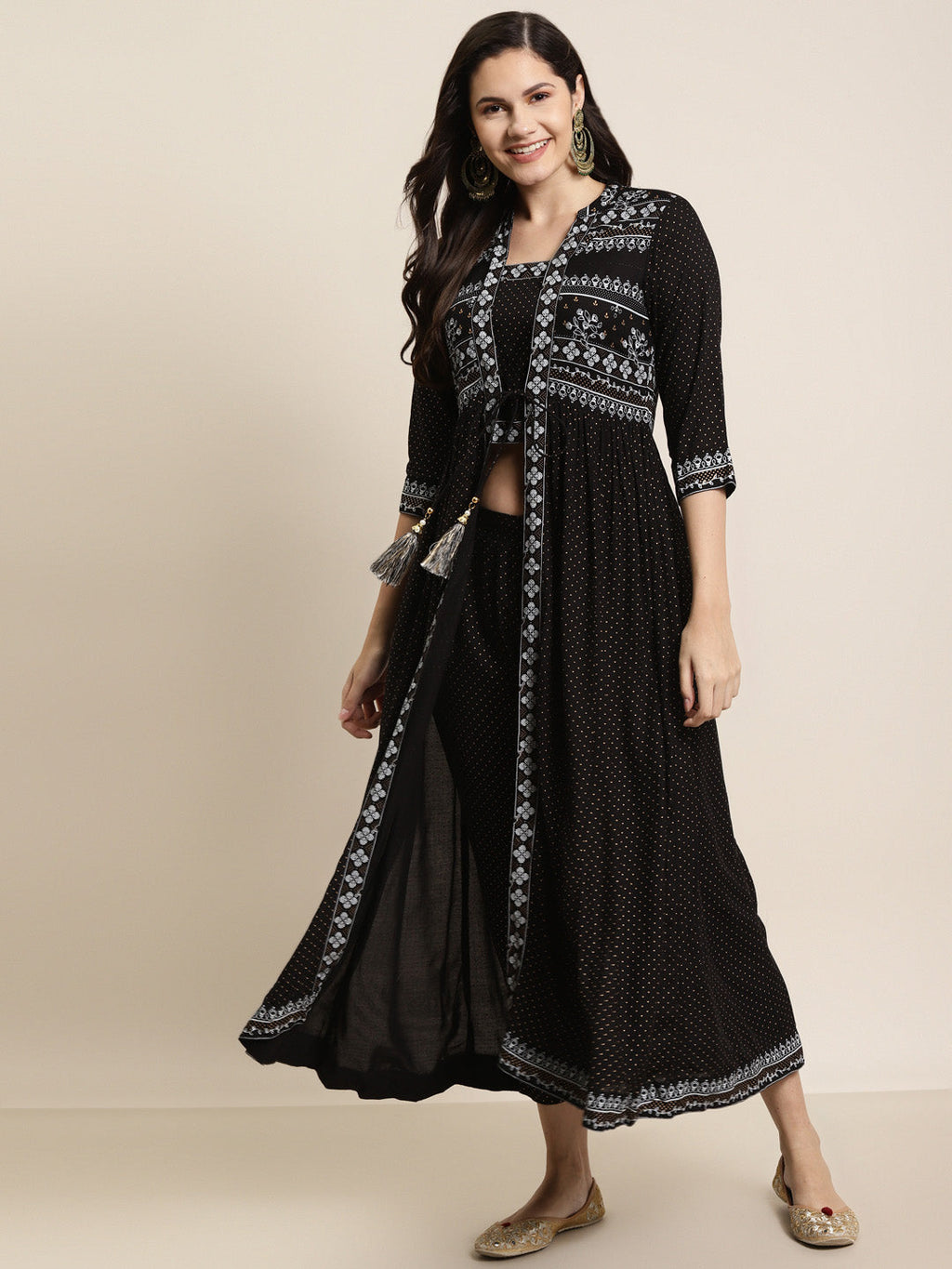 Juniper Women Black Rayon Printed Jacket Style Kurta Sets - Distacart