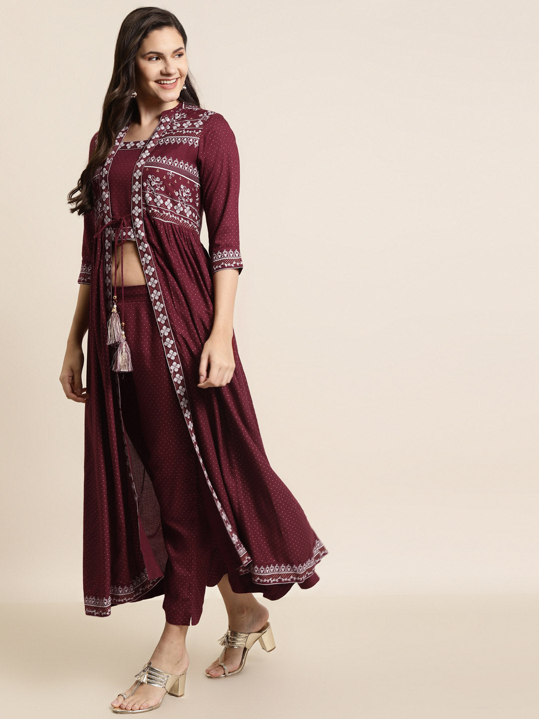 Juniper Women Maroon Rayon Printed Jacket Style Kurta Sets - Distacart