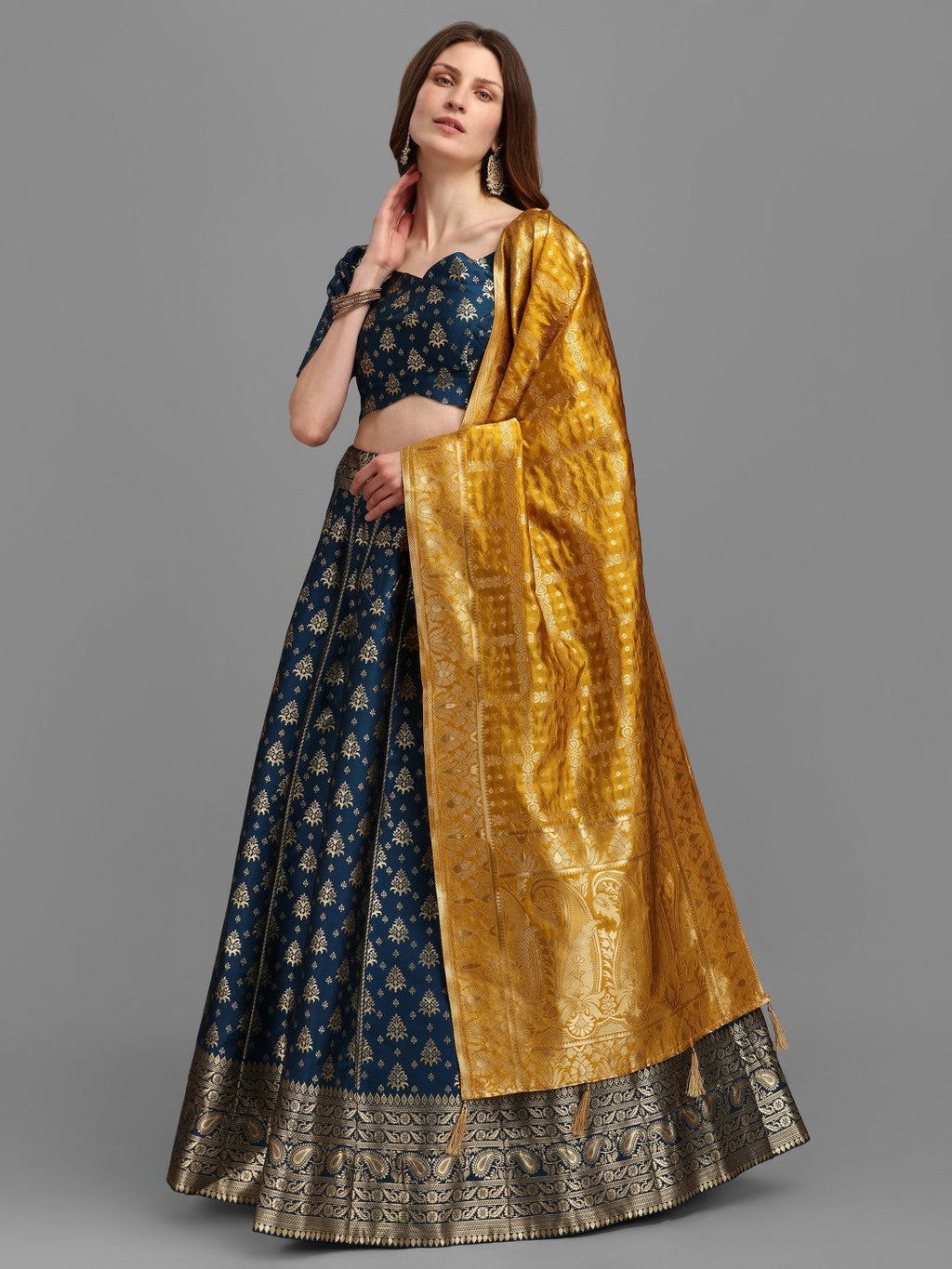 Lorenvalley Fashion Rama Brocade Fabric Lehenga & Unstitched Blouse With Dupatta