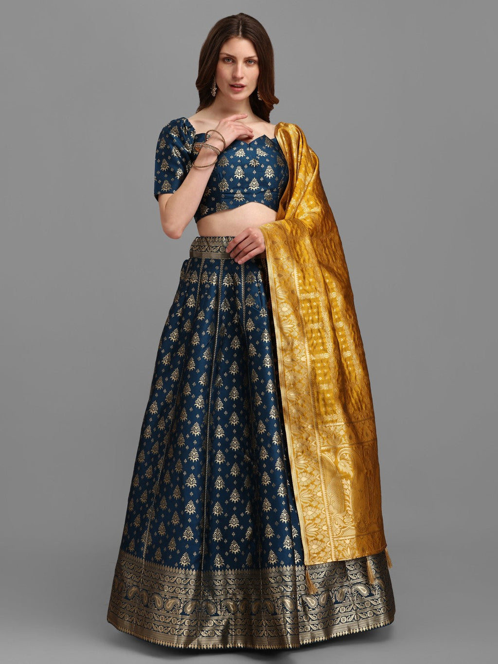 Lorenvalley Fashion Rama Brocade Fabric Lehenga & Unstitched Blouse With Dupatta
