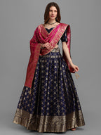 Lorenvalley Fashion Blue Brocade Fabric Lehenga & Unstitched Blouse With Dupatta