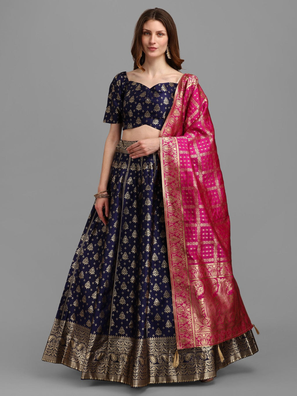 Lorenvalley Fashion Blue Brocade Fabric Lehenga & Unstitched Blouse With Dupatta