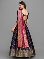 Lorenvalley Fashion Blue Brocade Fabric Lehenga & Unstitched Blouse With Dupatta
