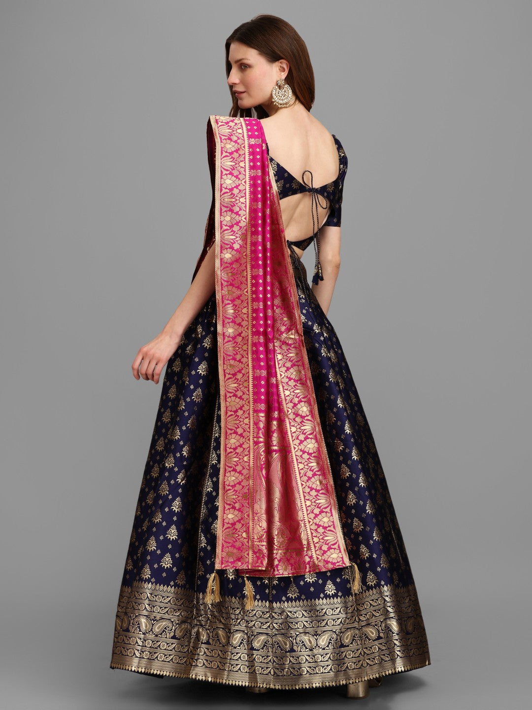 Lorenvalley Fashion Blue Brocade Fabric Lehenga & Unstitched Blouse With Dupatta