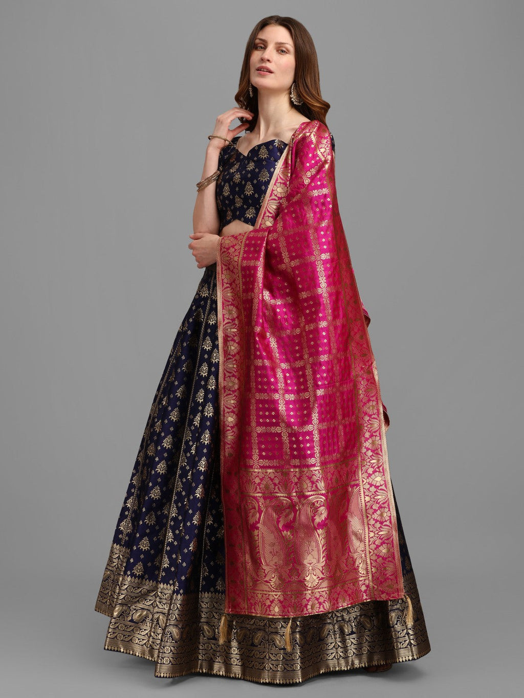 Lorenvalley Fashion Blue Brocade Fabric Lehenga & Unstitched Blouse With Dupatta