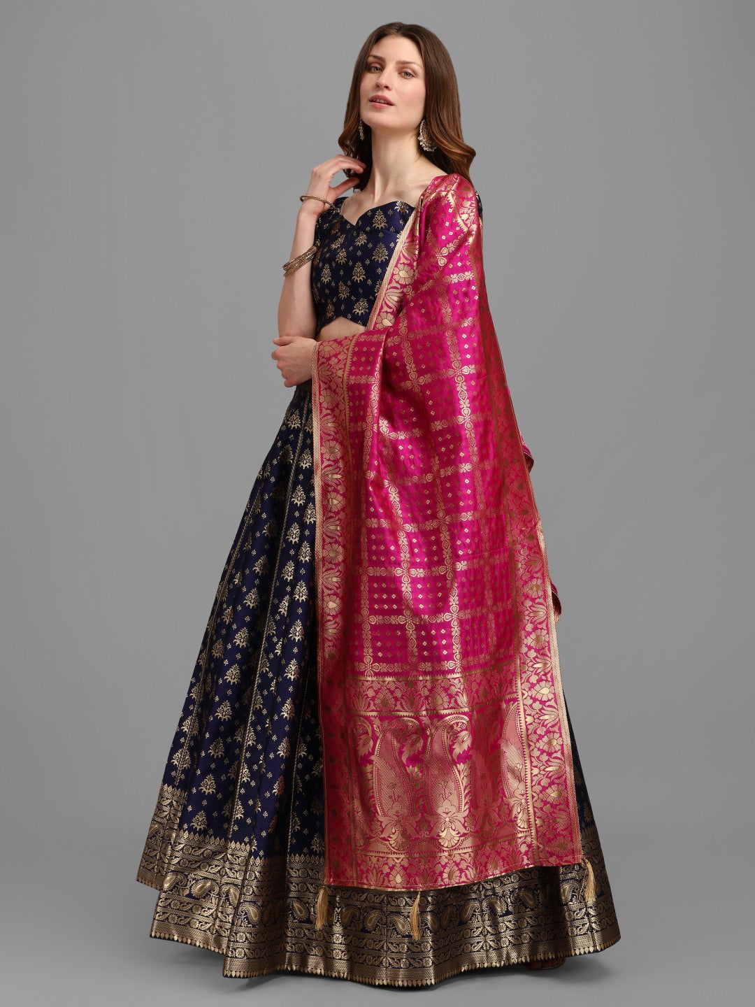 Lorenvalley Fashion Blue Brocade Fabric Lehenga & Unstitched Blouse With Dupatta