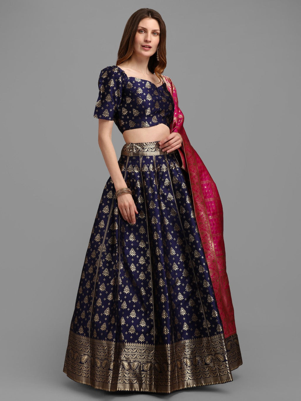 Lorenvalley Fashion Blue Brocade Fabric Lehenga & Unstitched Blouse With Dupatta