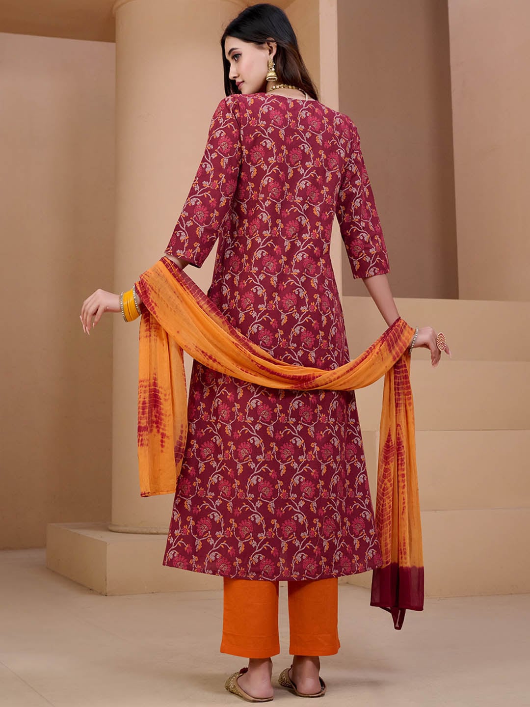 Sangria Maroon & Orange Printed V Neck Pure Cotton Angrakha Kurta With Trousers & Dupatta