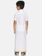 Sethukrishna Boys White & Gold-Toned Pure Cotton Solid Shirt and Veshti Set