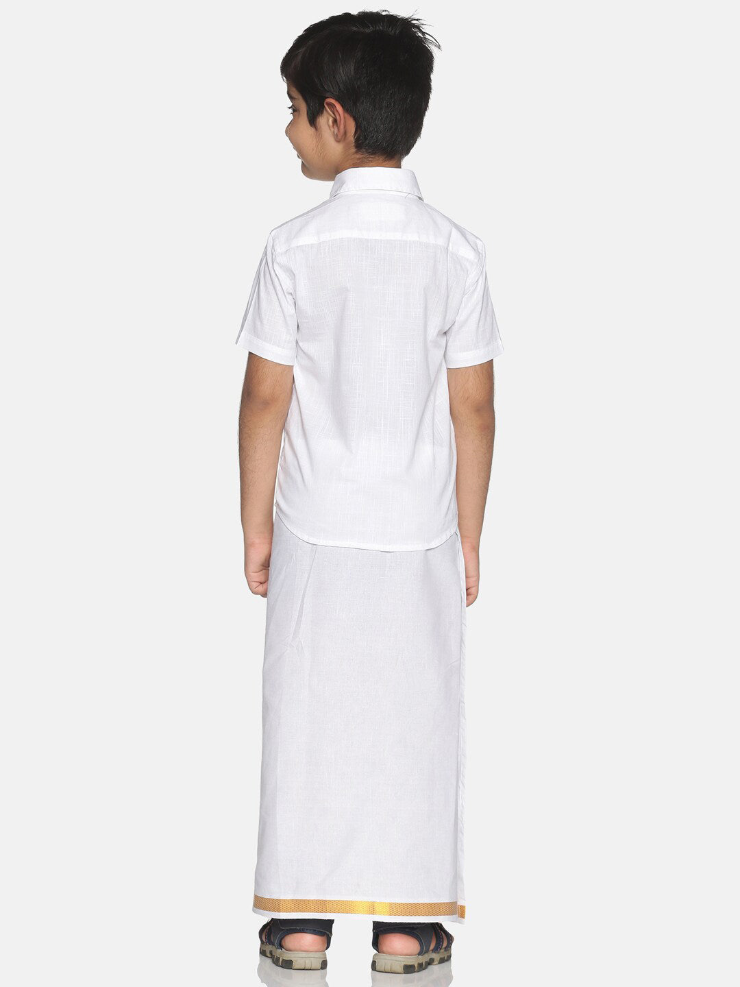 Sethukrishna Boys White & Gold-Toned Pure Cotton Solid Shirt and Veshti Set