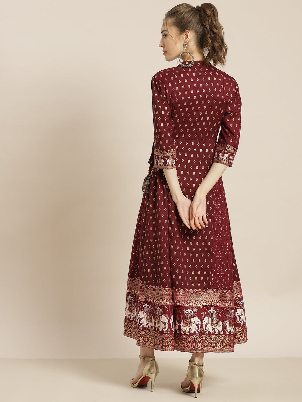 Juniper Womens Wine Rayon Ethnic Motif Foil Printed Festive Flared Maxi Dress - Distacart