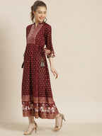 Juniper Womens Wine Rayon Ethnic Motif Foil Printed Festive Flared Maxi Dress - Distacart