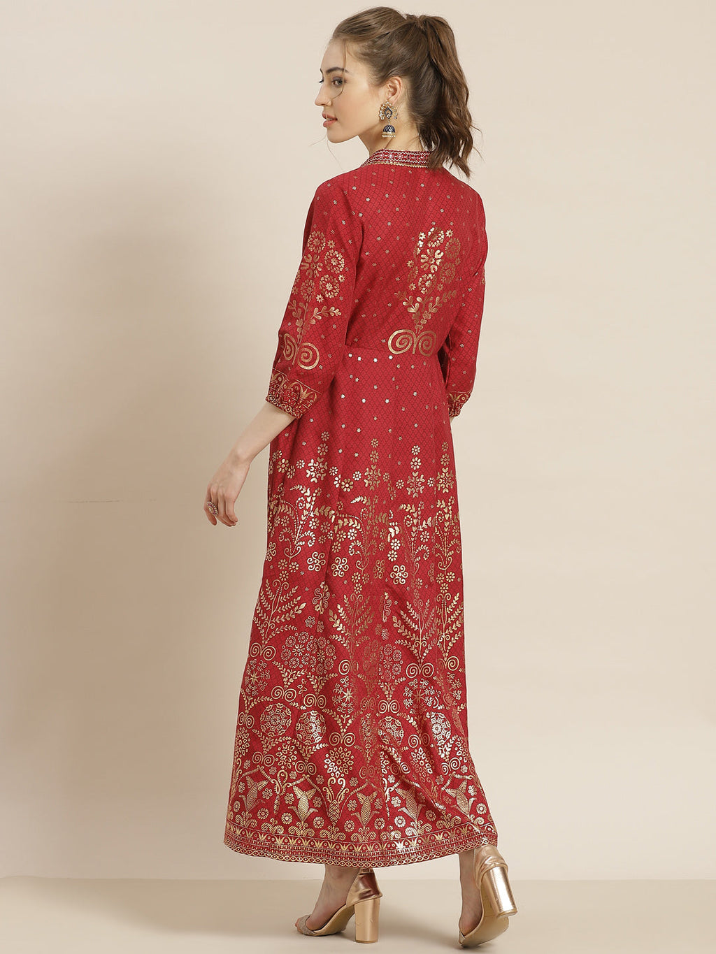 Juniper Womens Maroon Rayon Foil Printed Kalidar Maxi Dress With Mirror Embroidery - Distacart