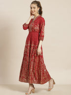 Juniper Womens Maroon Rayon Foil Printed Kalidar Maxi Dress With Mirror Embroidery - Distacart