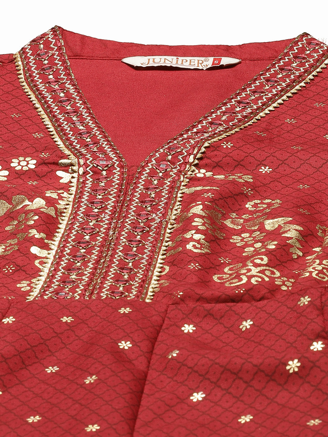 Juniper Womens Maroon Rayon Foil Printed Kalidar Maxi Dress With Mirror Embroidery - Distacart
