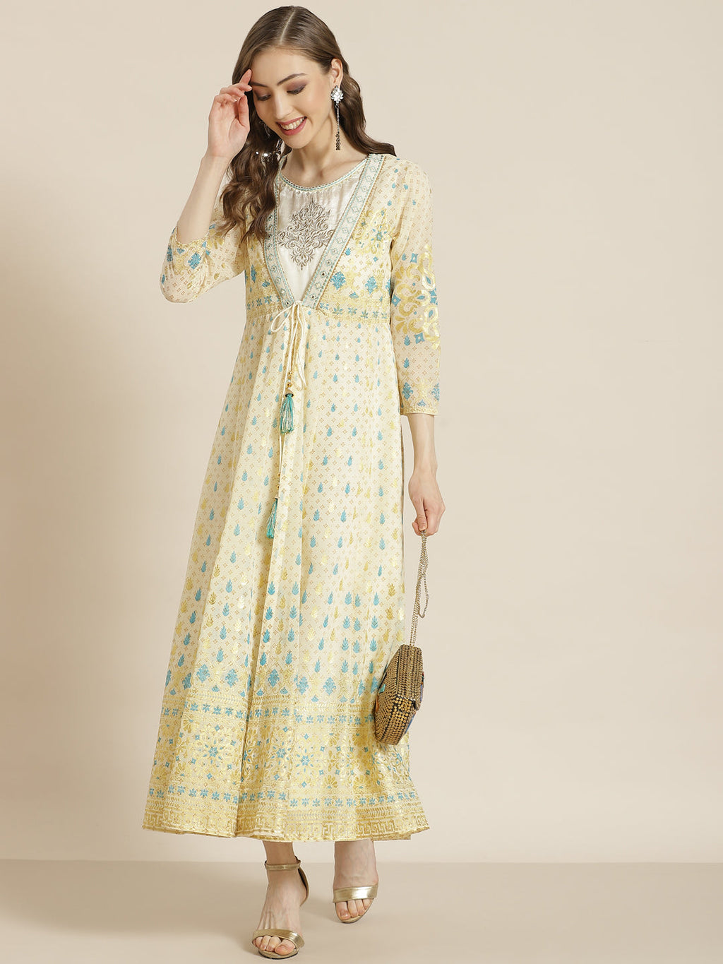 Juniper Women Ivory Georgette Printed Jacket Style Dress - Distacart