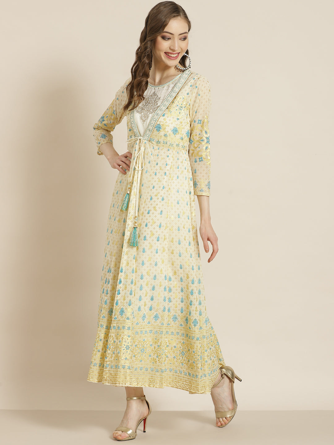 Juniper Women Ivory Georgette Printed Jacket Style Dress - Distacart