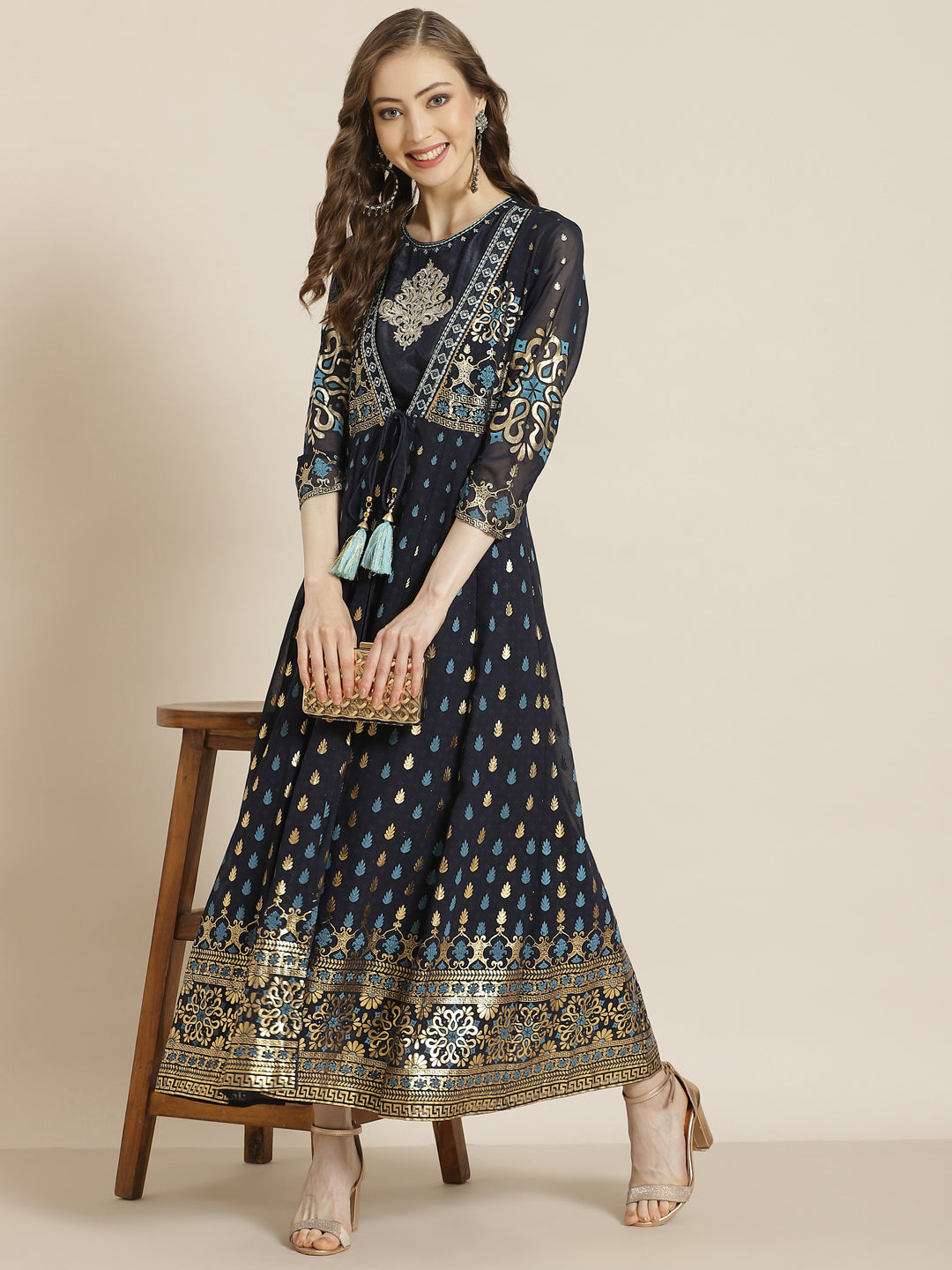 Juniper Women Navyblue Georgette Printed Jacket Style Dress - Distacart