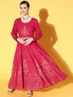 Juniper Women Fuchsia Rayon Printed Flared Dress - Distacart