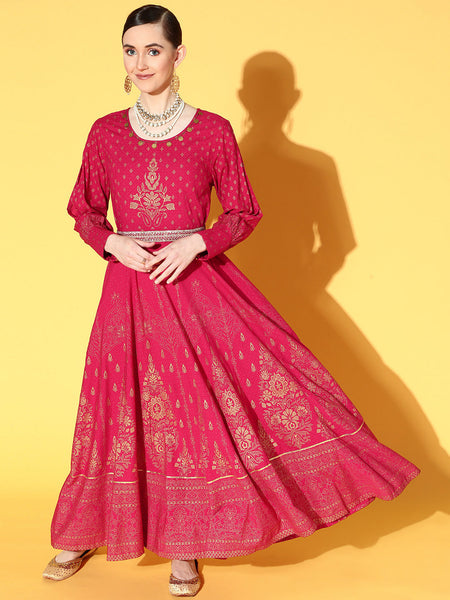 Juniper Women Fuchsia Rayon Printed Flared Dress