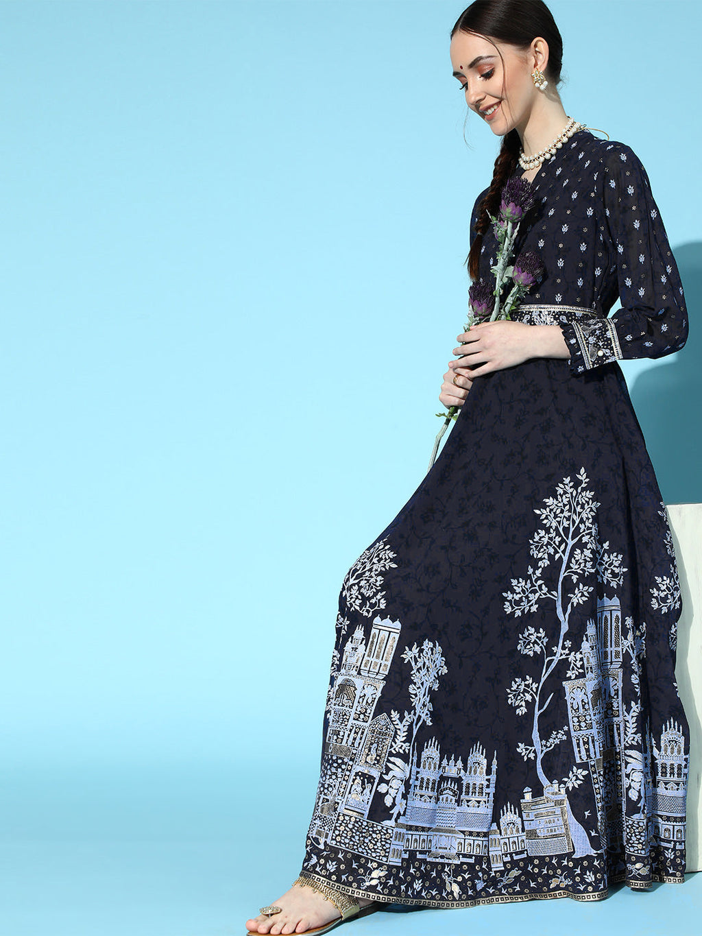 Juniper Women Indigo Georgette Printed Flared Dress - Distacart