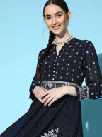 Juniper Women Indigo Georgette Printed Flared Dress - Distacart