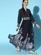 Juniper Women Indigo Georgette Printed Flared Dress - Distacart